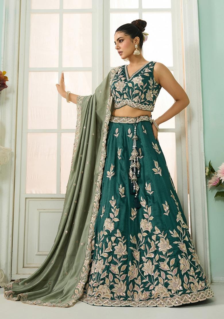 Green Emboridered Silk Lehenga Choli - Indya