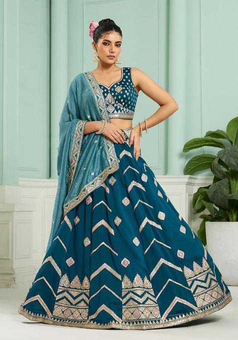 Teal Emboridered Silk Lehenga Choli