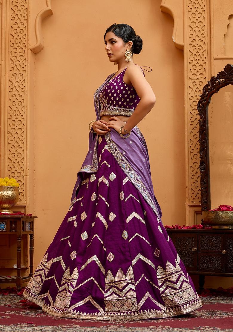 Burgundy Emboridered Silk Lehenga Choli - Indya
