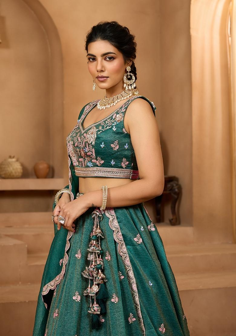 Green Emboridered Tissue Lehenga Choli - Indya