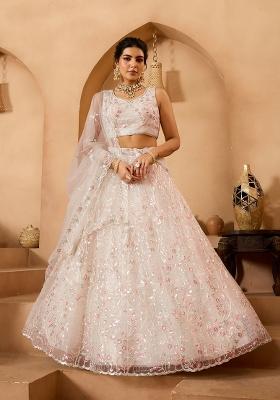 Cream Emboridered Net Lehenga Choli