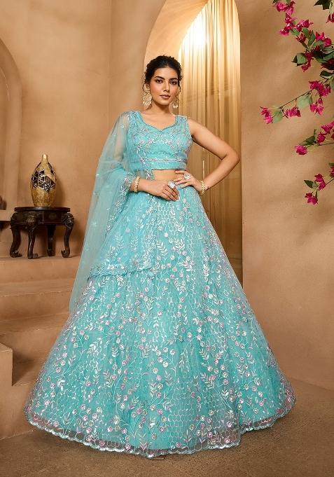 Seagreen Emboridered Net Lehenga Choli