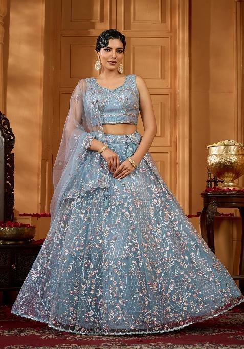 Grey Emboridered Net Lehenga Choli