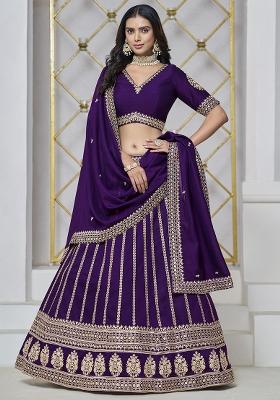 Purple Embroidered Silk Lehenga Set