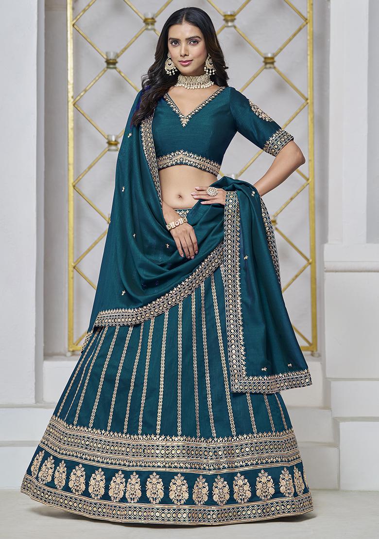 Teal Embroidered Silk Lehenga Set