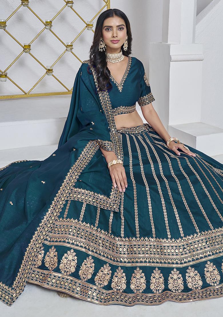 Teal Embroidered Silk Lehenga Set