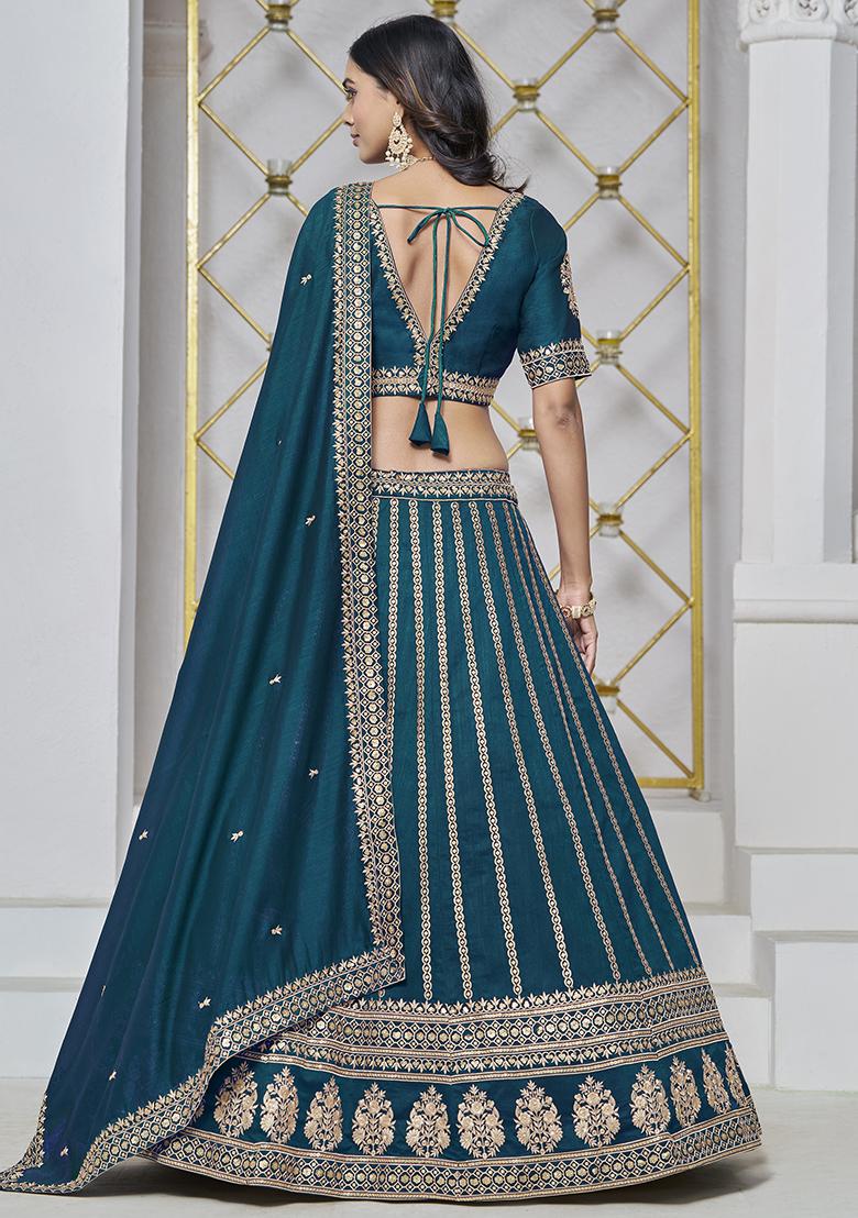Teal Embroidered Silk Lehenga Set