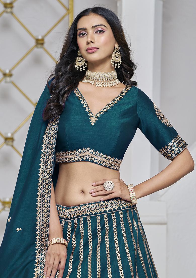 Teal Embroidered Silk Lehenga Set