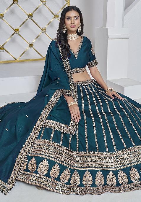 Teal Embroidered Silk Lehenga Set