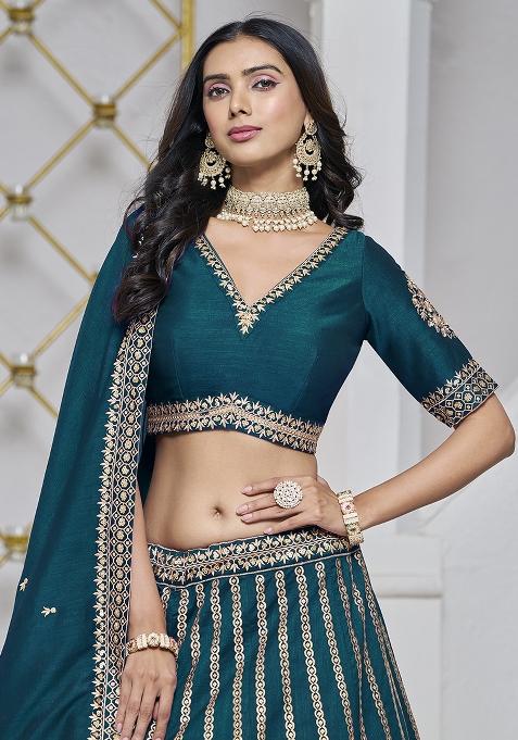 Teal Embroidered Silk Lehenga Set