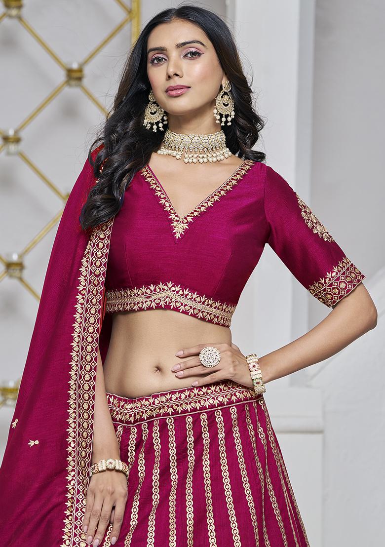 Magenta Embroidered Silk Lehenga Set