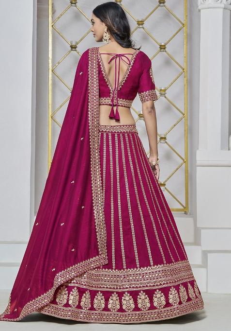 Magenta Embroidered Silk Lehenga Set