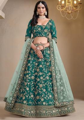 Teal Embroidered Silk Lehenga Set