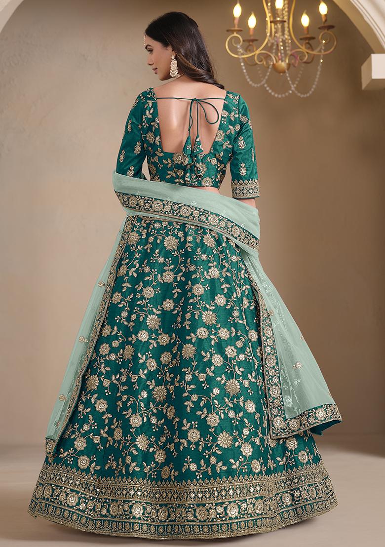Teal Embroidered Silk Lehenga Set