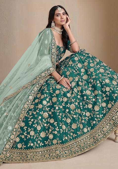 Teal Embroidered Silk Lehenga Set