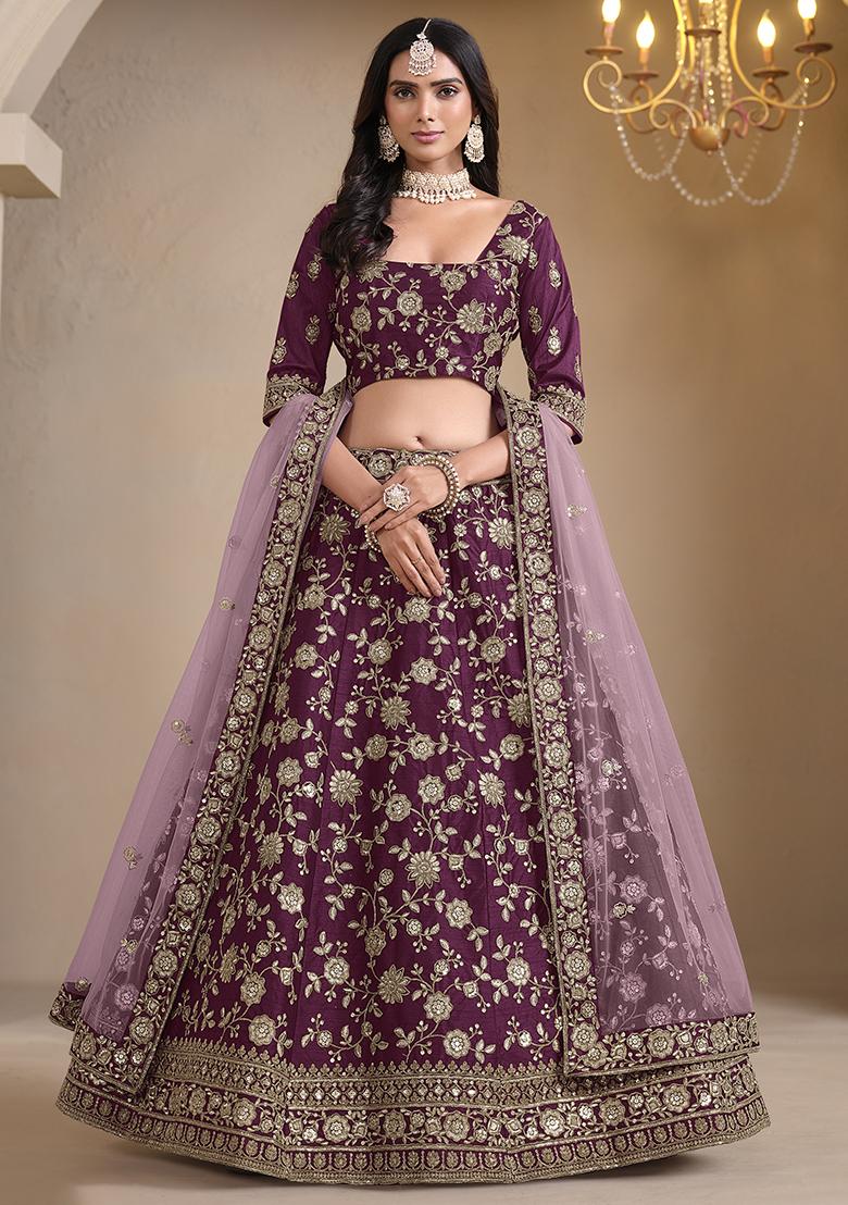 Wine Embroidered Silk Lehenga Set