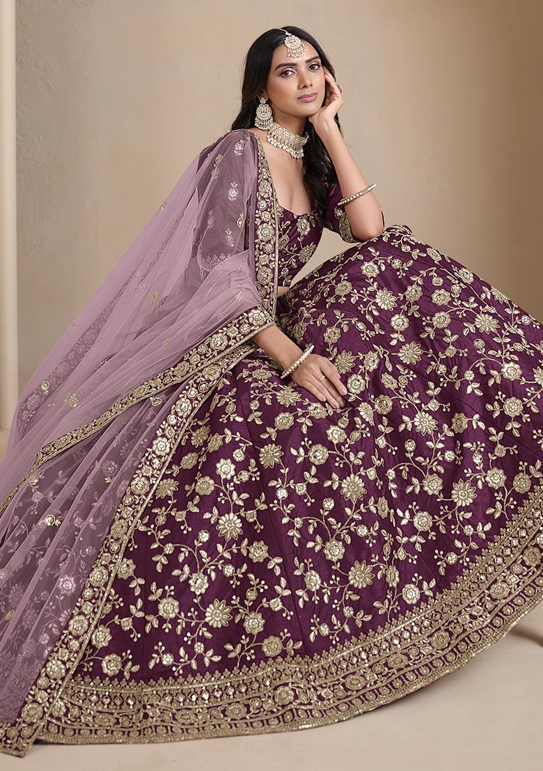 Wine Embroidered Silk Lehenga Set