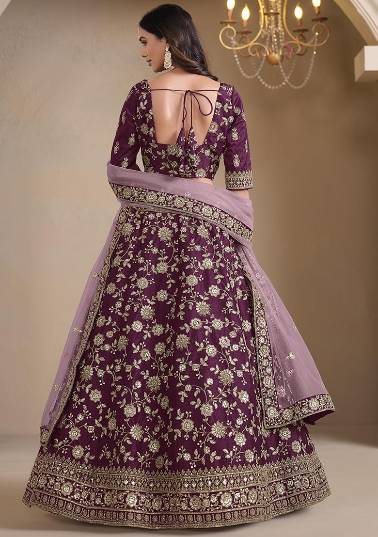 Wine Embroidered Silk Lehenga Set