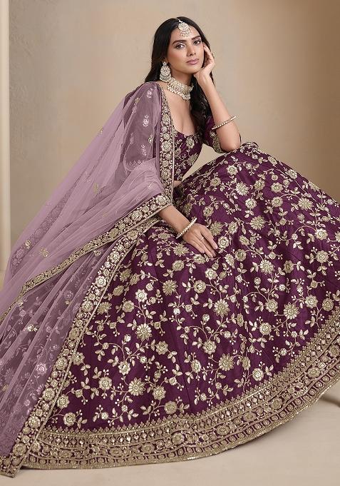 Wine Embroidered Silk Lehenga Set
