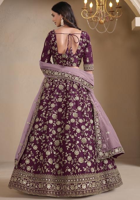 Wine Embroidered Silk Lehenga Set