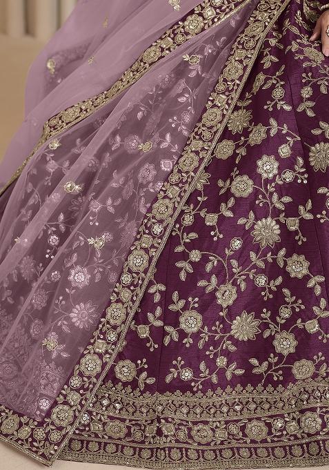 Wine Embroidered Silk Lehenga Set