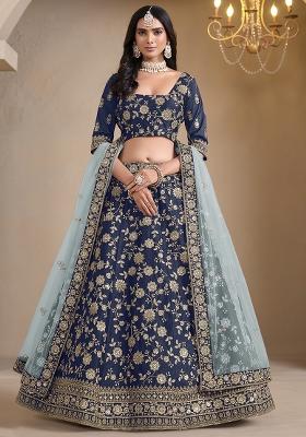 Navy Blue Embroidered Silk Lehenga Set