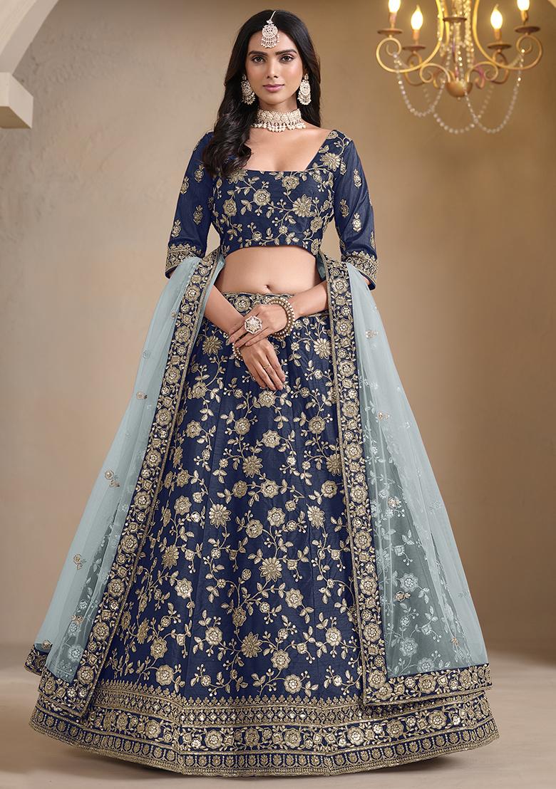 Navy Blue Embroidered Silk Lehenga Set