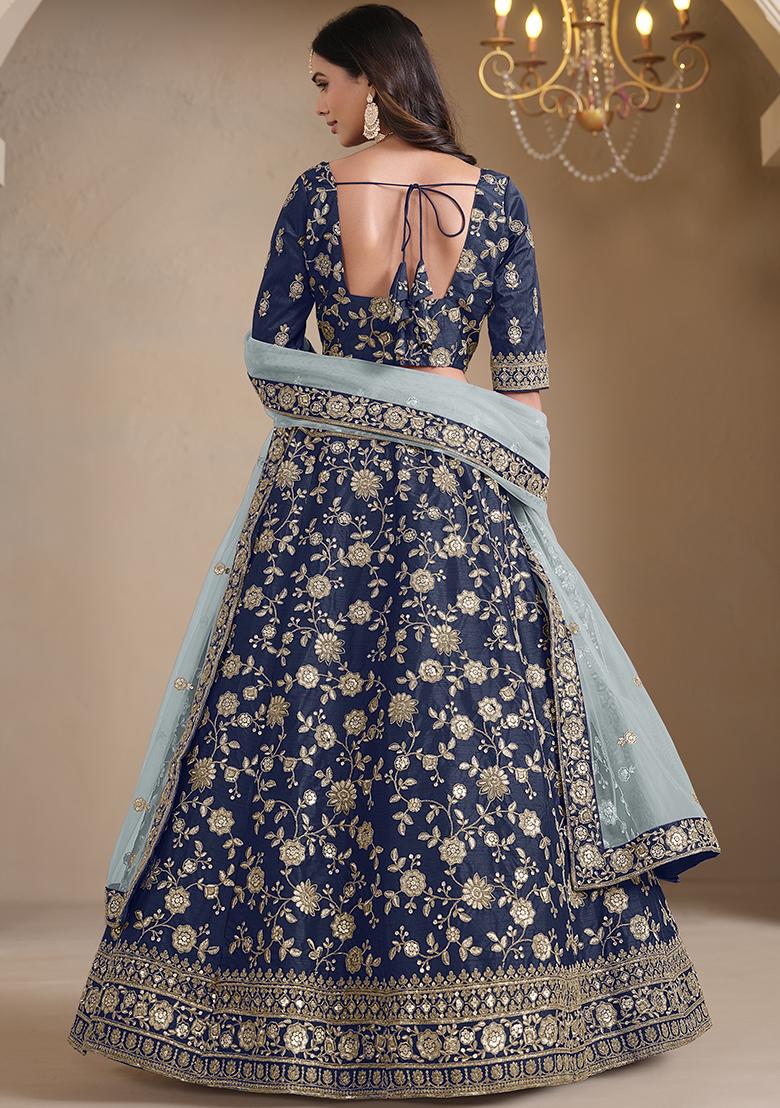 Navy Blue Embroidered Silk Lehenga Set