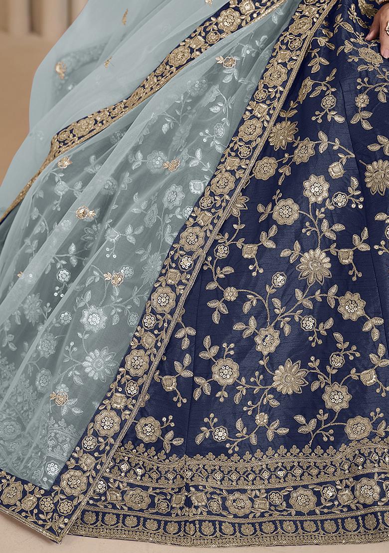 Navy Blue Embroidered Silk Lehenga Set