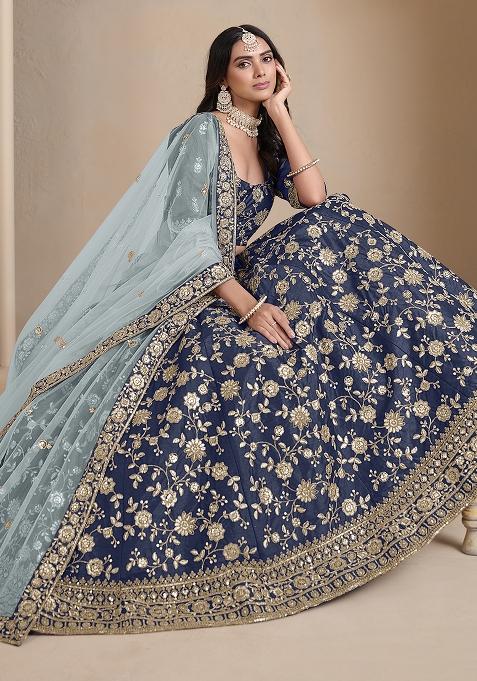 Navy Blue Embroidered Silk Lehenga Set