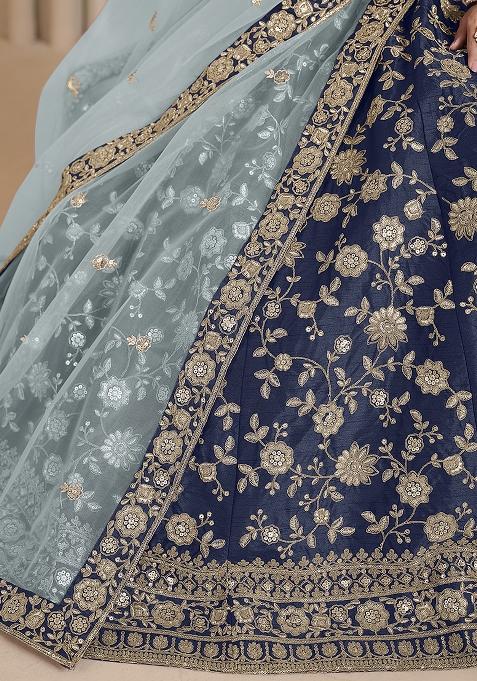 Navy Blue Embroidered Silk Lehenga Set