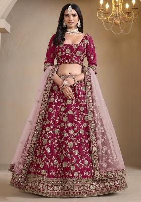 Magenta Embroidered Silk Lehenga Set
