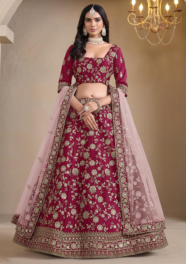 Magenta Embroidered Silk Lehenga Set