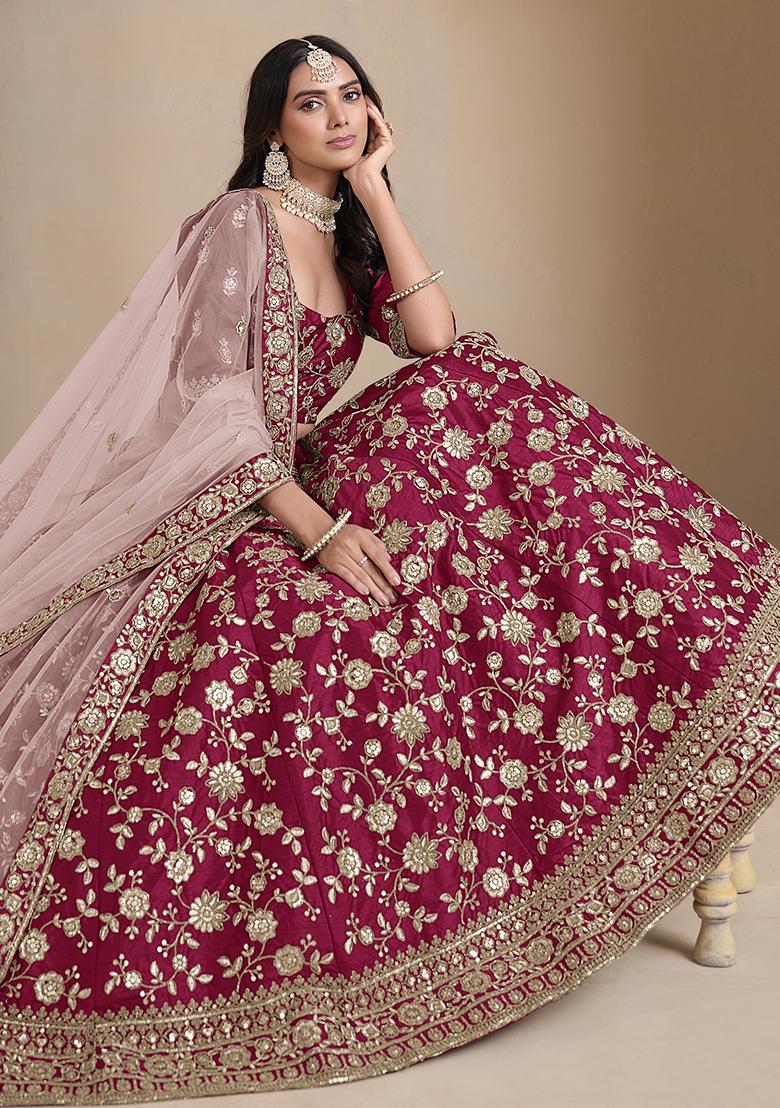 Magenta Embroidered Silk Lehenga Set