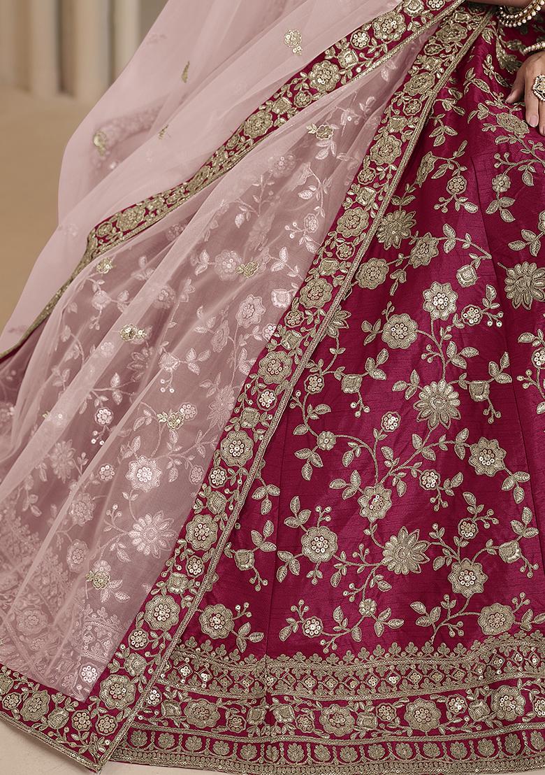 Magenta Embroidered Silk Lehenga Set