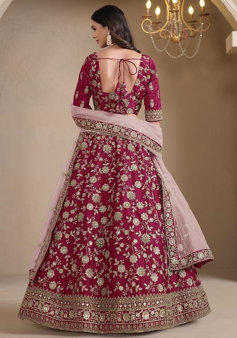 Magenta Embroidered Silk Lehenga Set