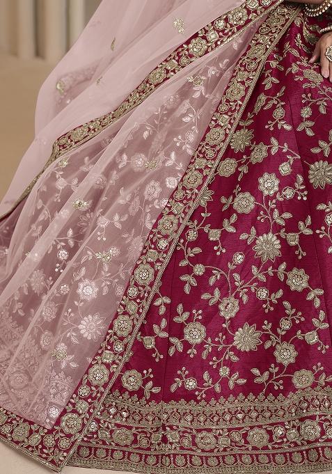 Magenta Embroidered Silk Lehenga Set