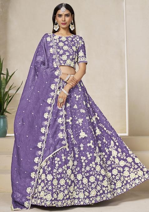 Purple Embroidered Organza Lehenga Set