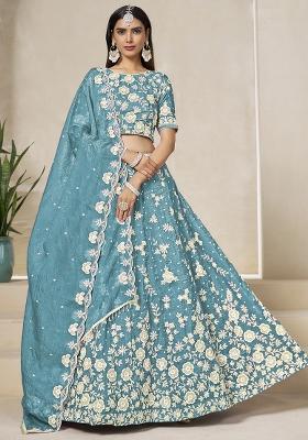 Skyblue Embroidered Organza Lehenga Set