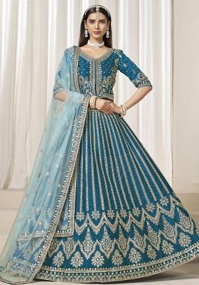 Blue Embroidered Silk Lehenga Set