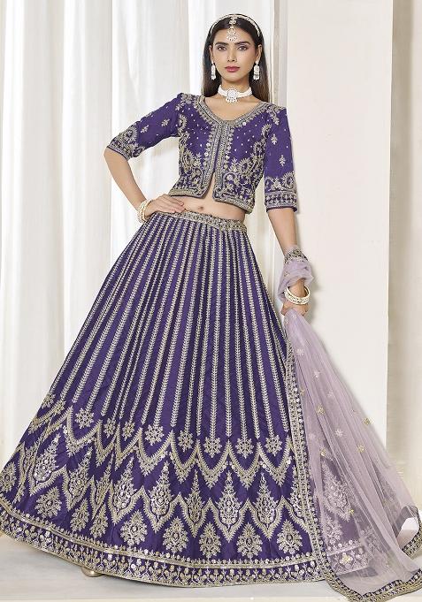 Purple Embroidered Silk Lehenga Set