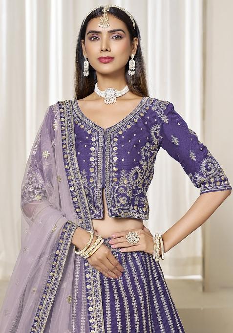 Purple Embroidered Silk Lehenga Set