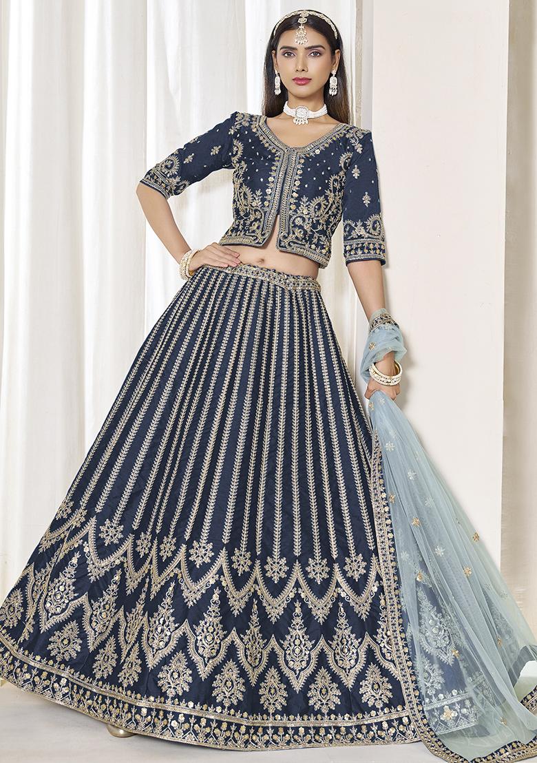 Navyblue Embroidered Silk Lehenga Set