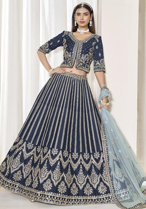Navyblue Embroidered Silk Lehenga Set