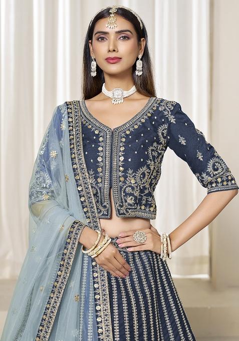 Navyblue Embroidered Silk Lehenga Set