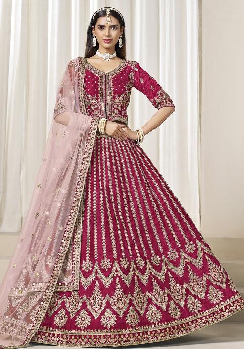 Red Embroidered Silk Lehenga Set