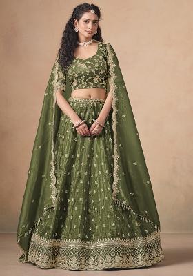 Dark Green Embroidered Pure Organza Lehenga Set