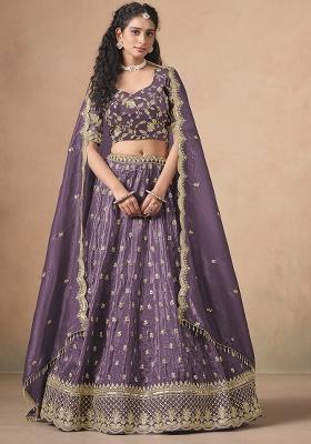 Purple Embroidered Pure Organza Lehenga Set
