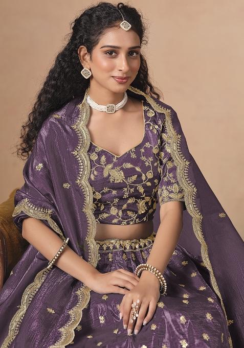 Purple Embroidered Pure Organza Lehenga Set