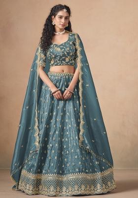 Blue Embroidered Pure Organza Lehenga Set